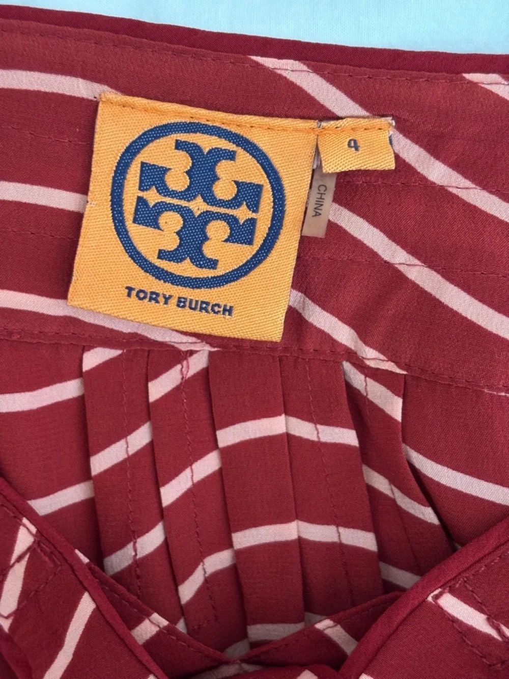 Tory Burch Red Striped Silk Tie Neck Blouse Sz 4 Luxury Workwear